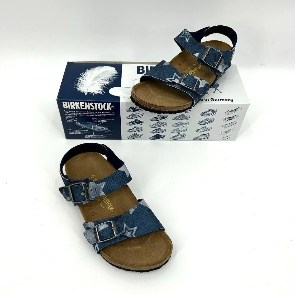 NIB BIRKENSTOCK Kids New York Blue Vintage Stars Print Sandals Shoes 33 / Kids 2